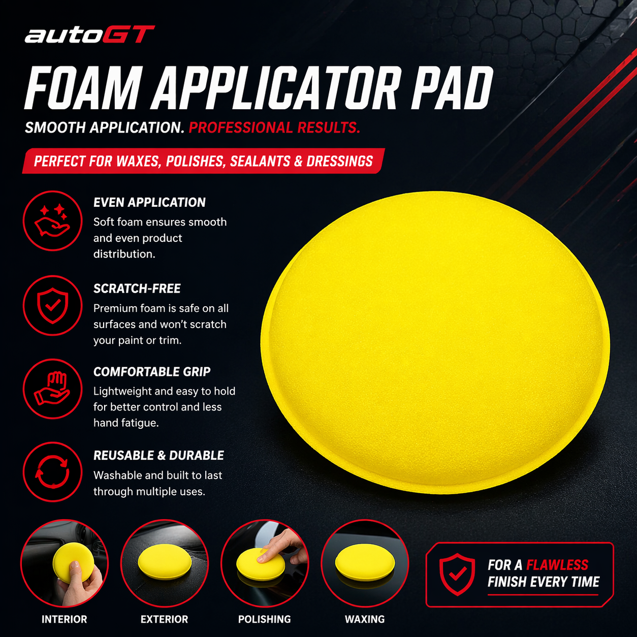 autoGT Premium Foam Applicator Pad for Car & Bike Detailing | Soft High-Density Foam Pad for Wax, Polish, Tyre Dressing & Interior Dressing
