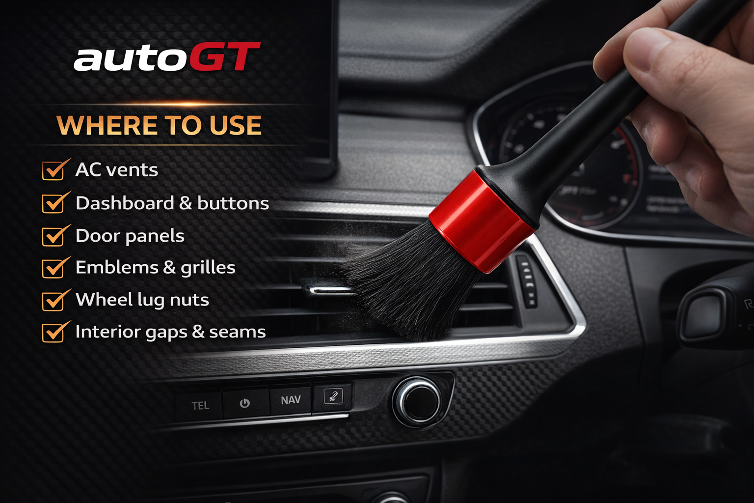 autoGT Premium Detailing Brush – Soft Bristle Car Interior & Exterior Cleaning Brush