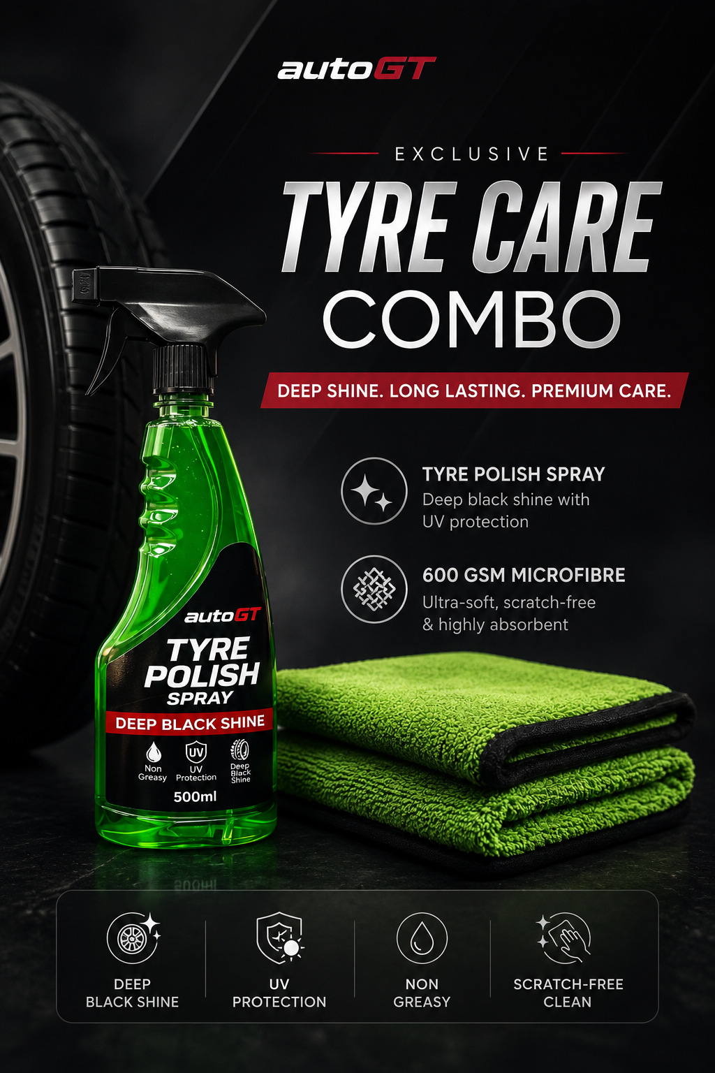 autoGT Tyre Polish + 600 GSM Microfiber Combo | Deep Black Shine Kit