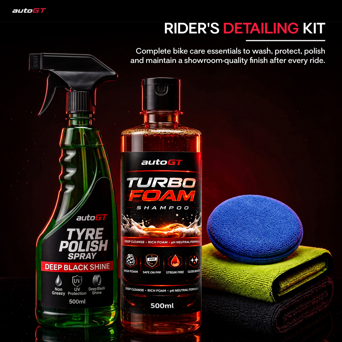 autoGT Rider's Detailing Kit | Complete 5-in-1 Bike Cleaning & Shine Kit
