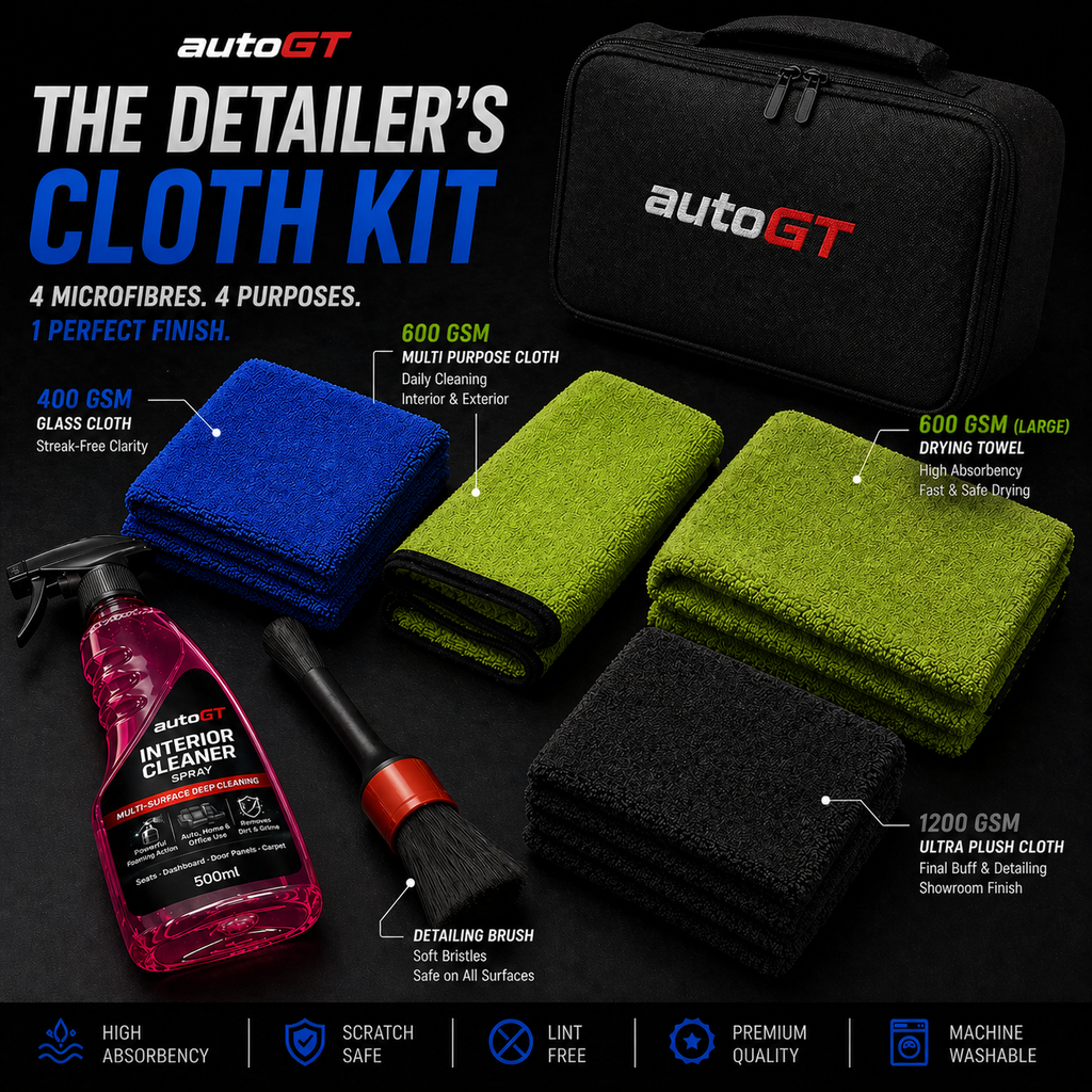 autoGT Detailer’s Microfibre Cloth Kit – 4 GSM Cloths for Glass, Interior, Drying & Final Buff