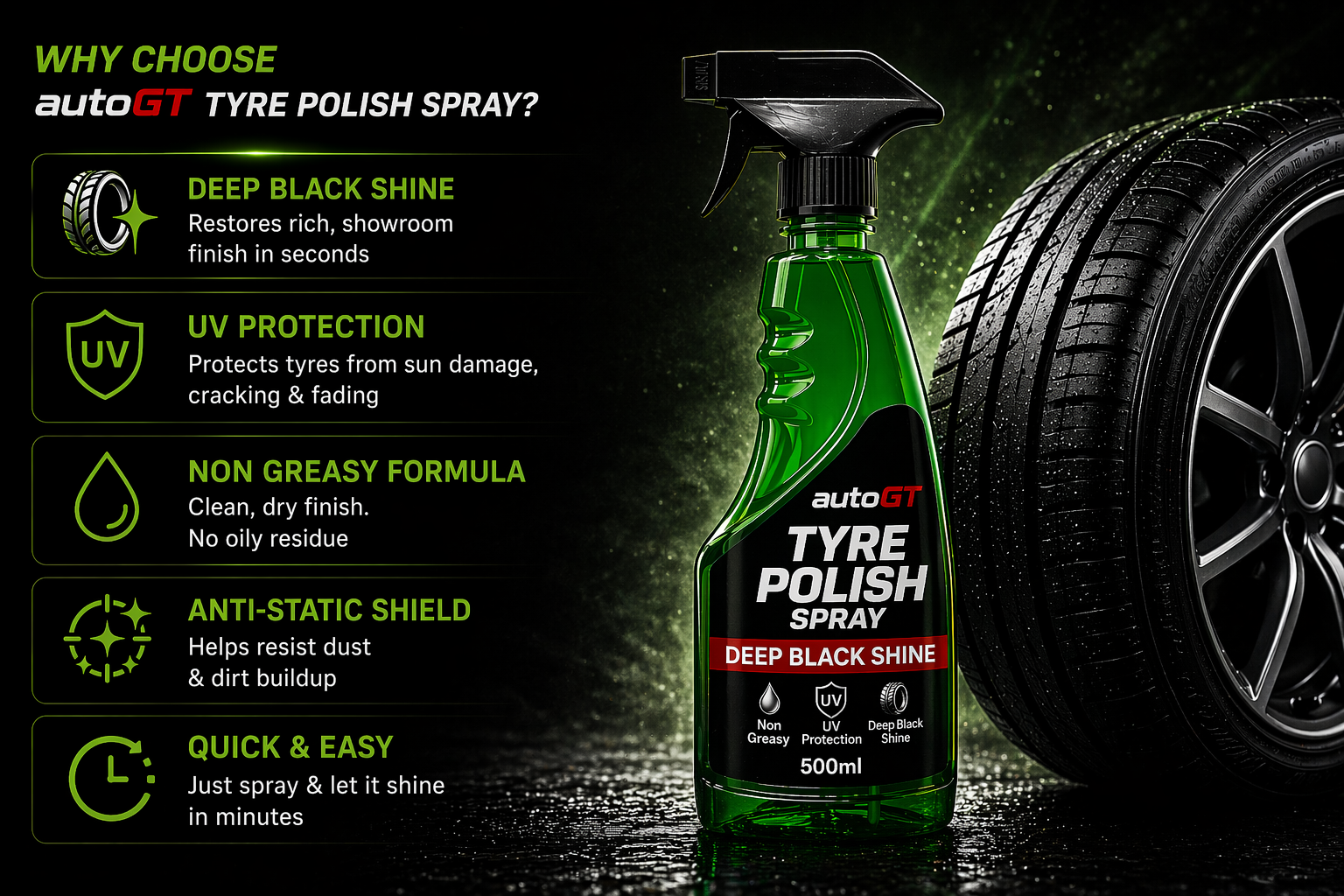 autoGT Tyre Polish – Deep Black Shine & Long Lasting Protection