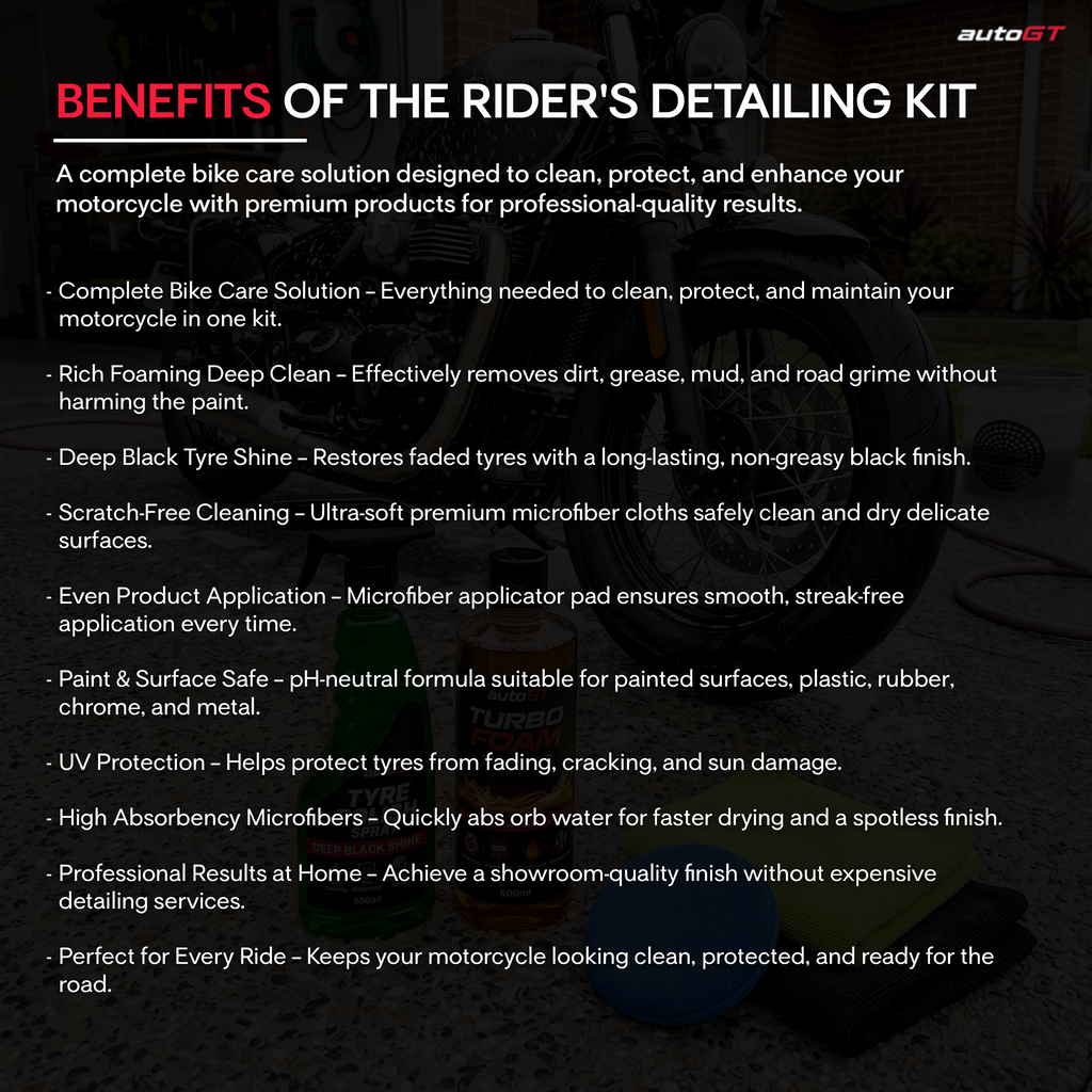 autoGT Rider's Detailing Kit | Complete 5-in-1 Bike Cleaning & Shine Kit