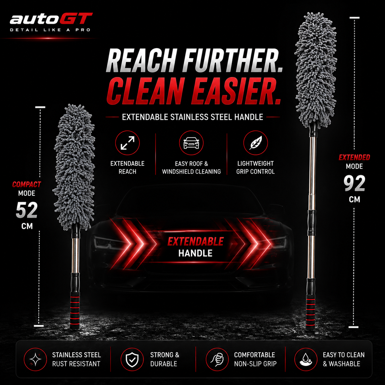 autoGT Microfiber Car Duster with Extendable Stainless Steel Handle – Scratch-Free Washable Dust Cleaning Brush for Cars, SUVs & Interior Surfaces