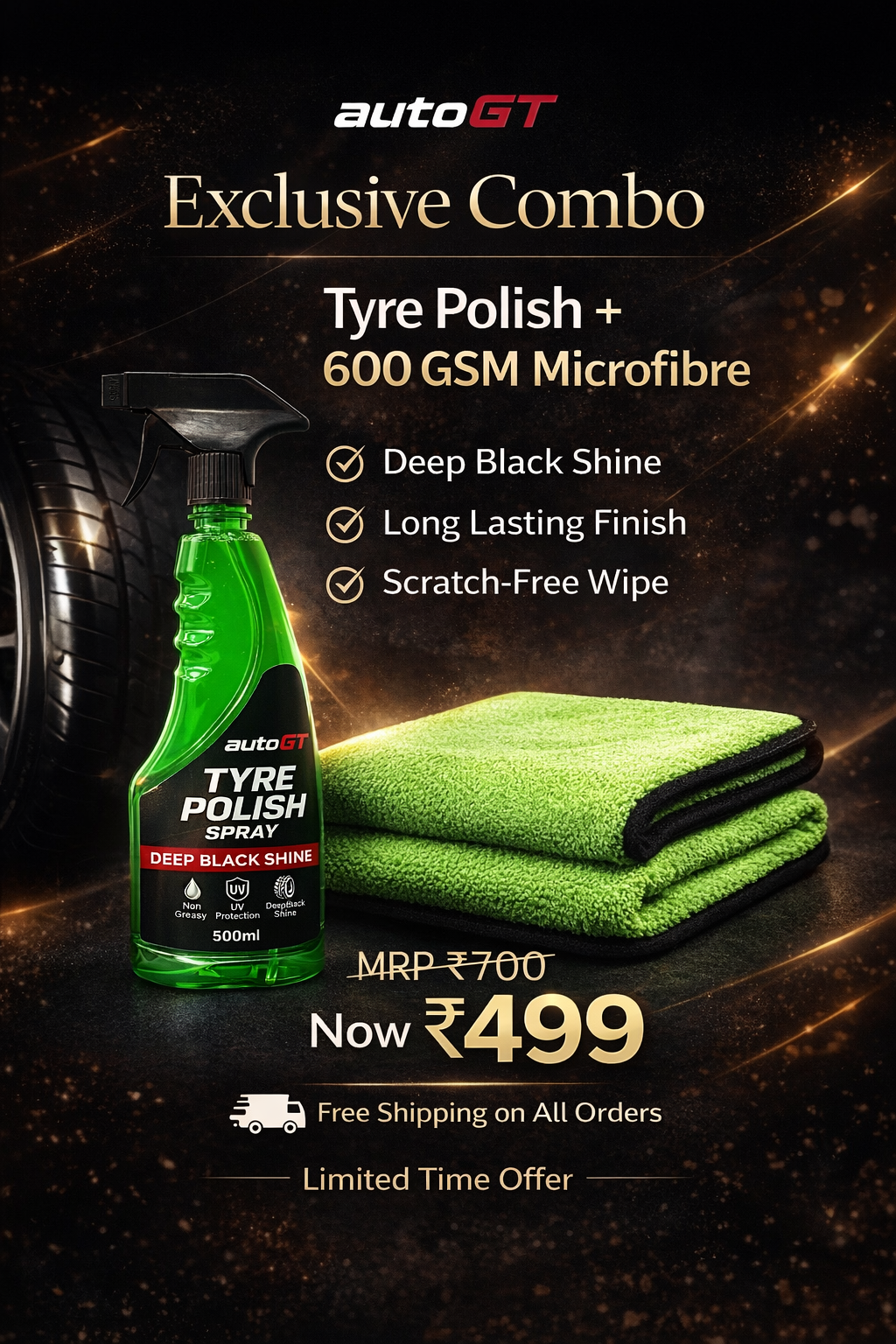 autoGT Tyre Polish + 600 GSM Microfiber Combo | Deep Black Shine Kit