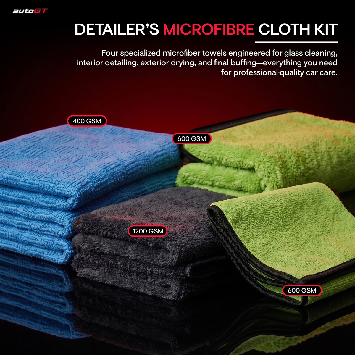 autoGT Detailer’s Microfibre Cloth Kit – 4 GSM Cloths for Glass, Interior, Drying & Final Buff