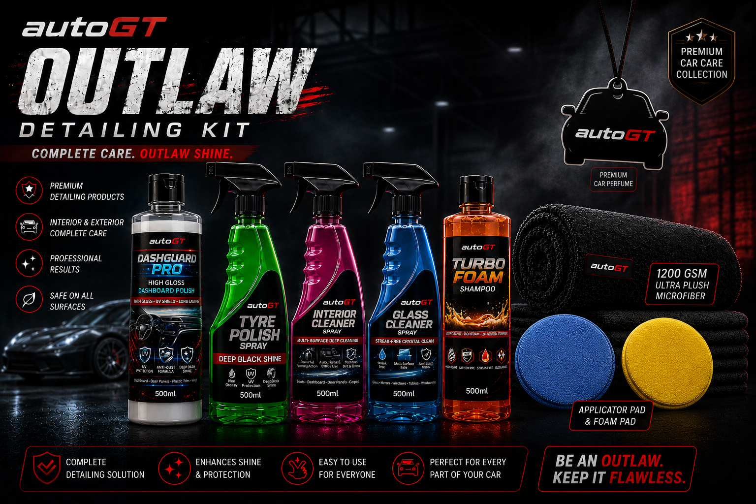 autoGT Outlaw Detailing Kit – Complete Interior & Exterior Car Care Combo (9 in 1)