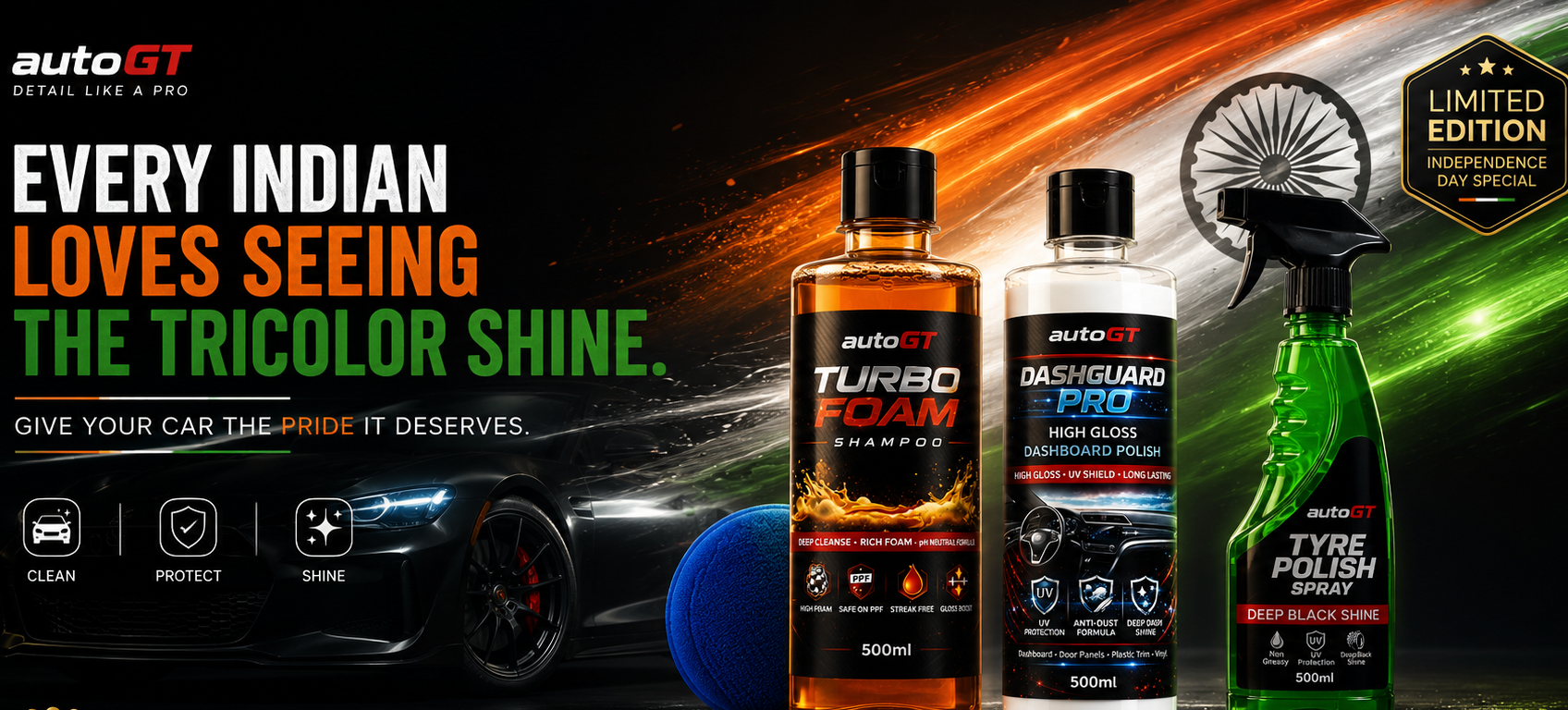 A promotional banner for Auto GT car care products, featuring three bottles: an amber bottle of Turbo Team Shampoo, a white bottle of Dashguard Pool High Gloss Car Wash, and a green bottle of Tyre Polish Spray, set against a dark car with orange and green light effects.